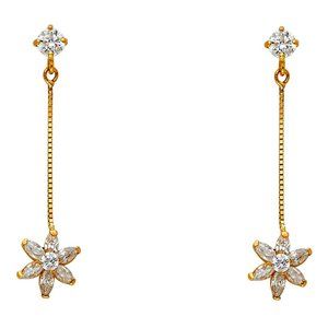 New 14k Solid Gold CZ Dangling flower stud Earrings